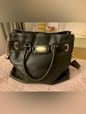 Michael Kors Hamilton Black Pebbled Leather Large Tote with Gold Accents